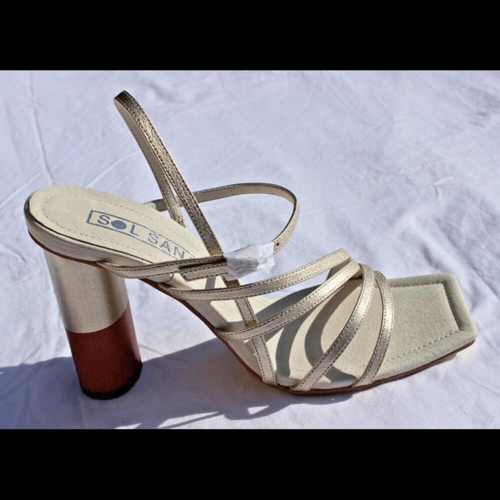 NEW SOL SANA TONIA 4" ROUND BLOCK BI-COLOR HEEL GOLD LEATHER STRAPS EU 41 /US 10